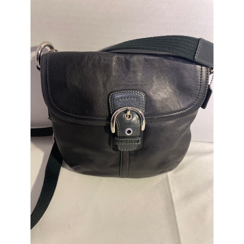 Coach Black Leather Flap Crossbody Bag Silver Buckle Adjustable Web Strap Small